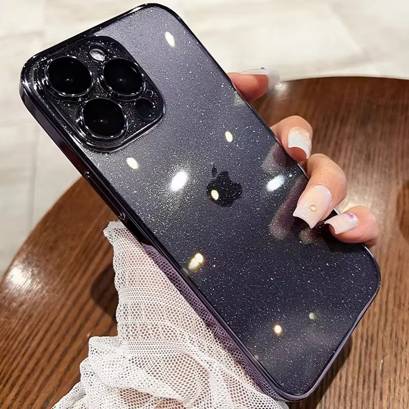 Luxury Glitter Transparent iPhone Case — Slim Hard PC Cover with Anti-Fingerprint, Anti-Scratch, Dustproof, Non-Slip Design, Clear Plating Camera Protection