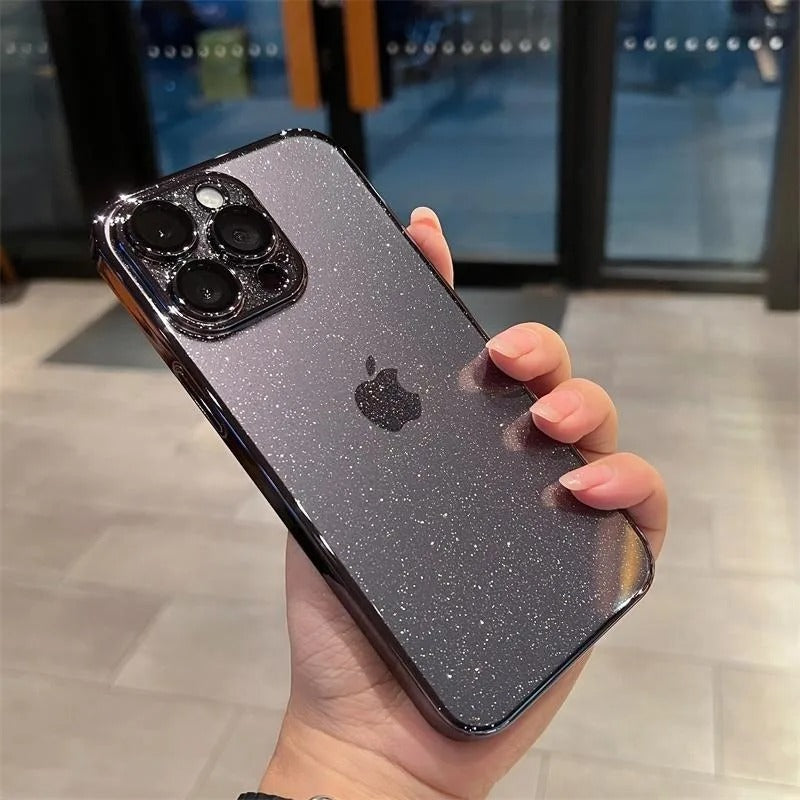Luxury Glitter Transparent iPhone Case — Slim Hard PC Cover with Anti-Fingerprint, Anti-Scratch, Dustproof, Non-Slip Design, Clear Plating Camera Protection