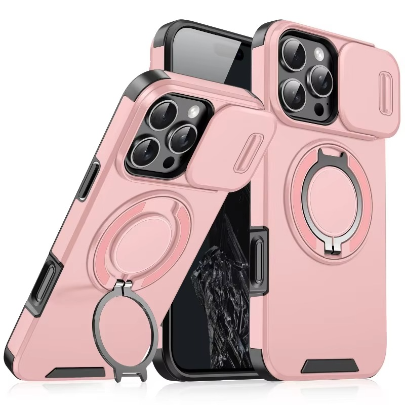 Luxury Heavy Duty Rugged iPhone Case — Magnetic Bracket, Shockproof Armor, Slide Camera Protection, PC + TPU, Anti-Fingerprint, Non-Slip