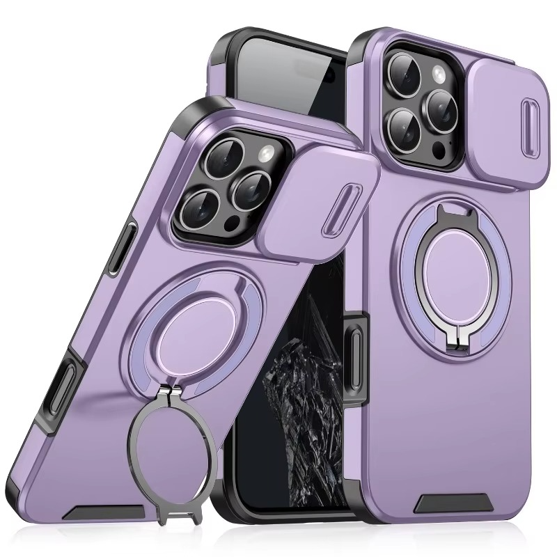 Luxury Heavy Duty Rugged iPhone Case — Magnetic Bracket, Shockproof Armor, Slide Camera Protection, PC + TPU, Anti-Fingerprint, Non-Slip