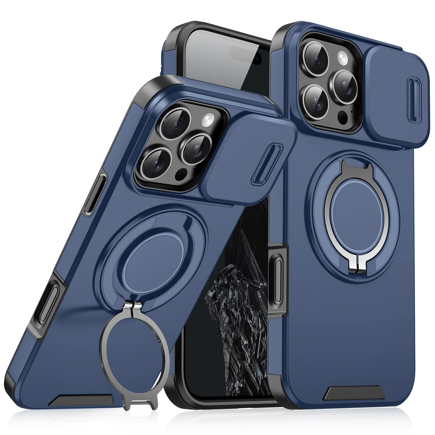 Luxury Heavy Duty Rugged iPhone Case — Magnetic Bracket, Shockproof Armor, Slide Camera Protection, PC + TPU, Anti-Fingerprint, Non-Slip