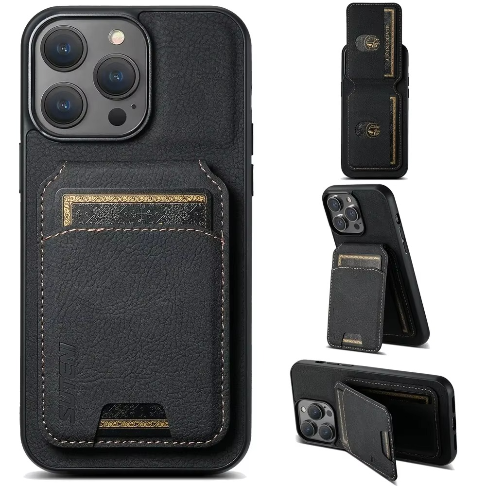 Luxury iPhone Case — Leather Wallet Magnetic Card Holder Pocket Cover, Anti-Scratch, Non-Slip, Full Protection, Plain Design