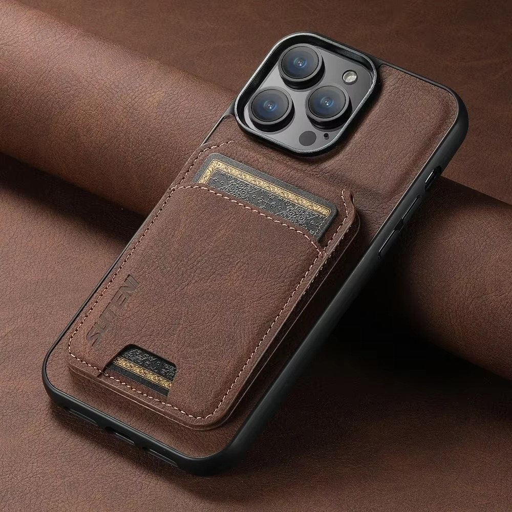 Luxury iPhone Case — Leather Wallet Magnetic Card Holder Pocket Cover, Anti-Scratch, Non-Slip, Full Protection, Plain Design