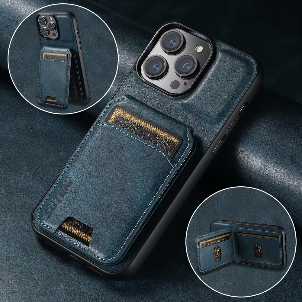 Luxury iPhone Case — Leather Wallet Magnetic Card Holder Pocket Cover, Anti-Scratch, Non-Slip, Full Protection, Plain Design
