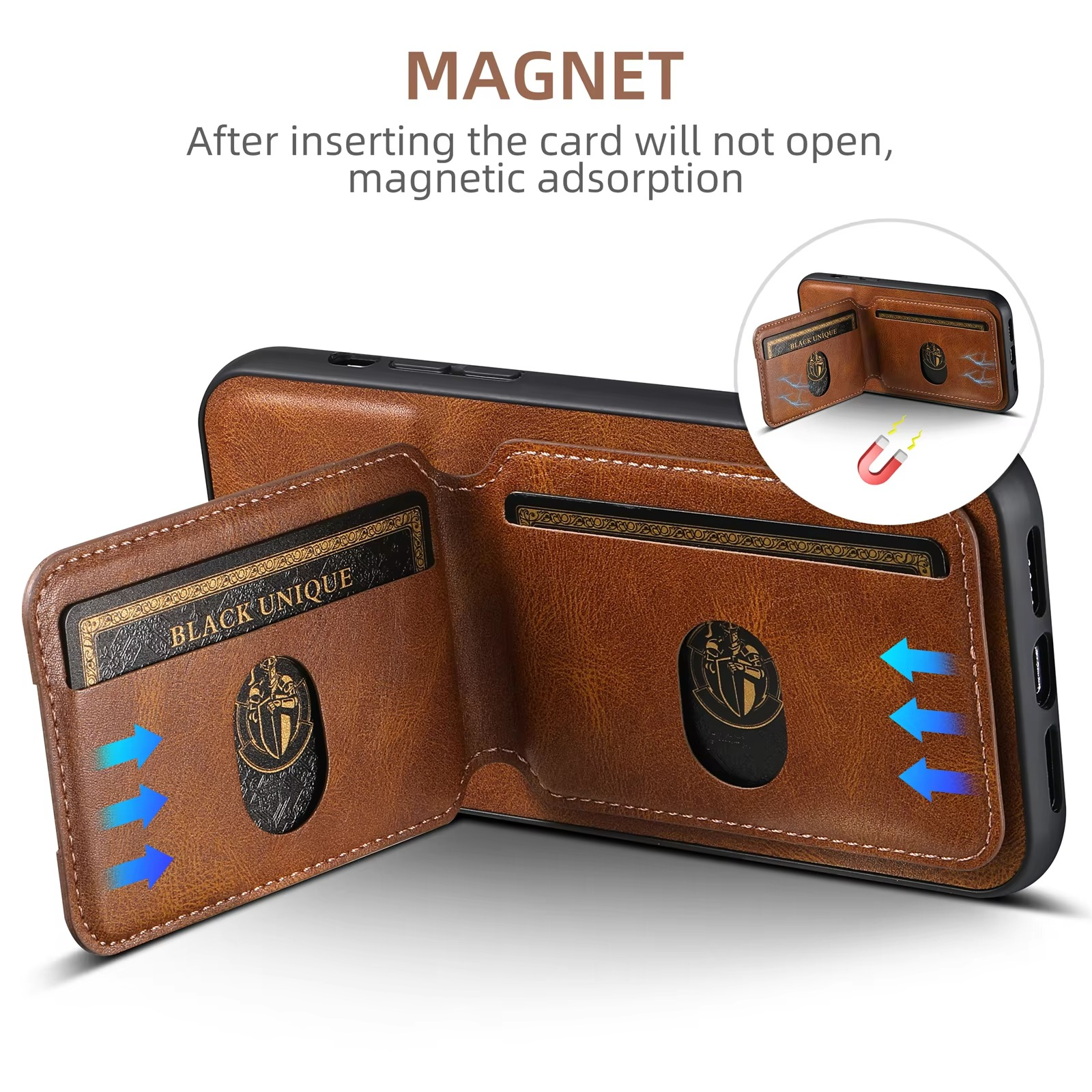 Luxury iPhone Case — Leather Wallet Magnetic Card Holder Pocket Cover, Anti-Scratch, Non-Slip, Full Protection, Plain Design