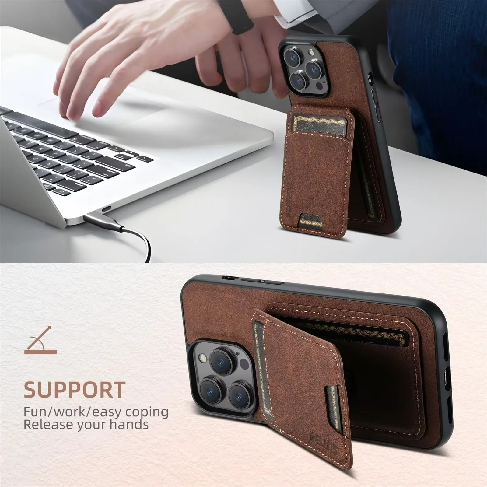 Luxury iPhone Case — Leather Wallet Magnetic Card Holder Pocket Cover, Anti-Scratch, Non-Slip, Full Protection, Plain Design