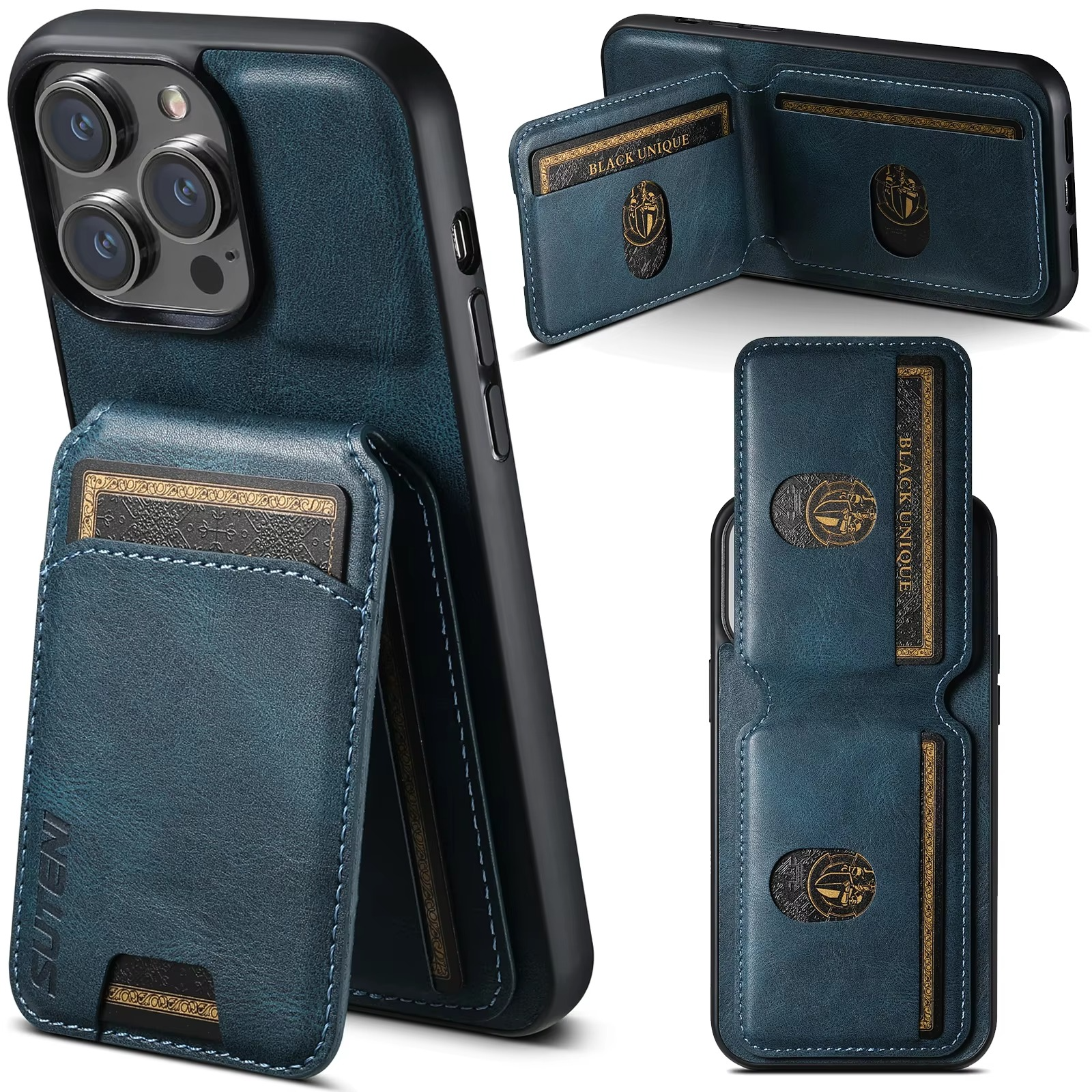 Luxury iPhone Case — Leather Wallet Magnetic Card Holder Pocket Cover, Anti-Scratch, Non-Slip, Full Protection, Plain Design