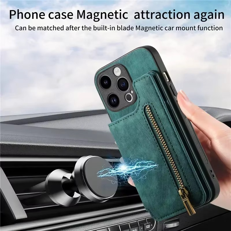 Luxury Leather Wallet iPhone Case — Zipper Card Slot, Magnetic Double Buckle, Anti-Fingerprint, Anti-Scratch, Non-Slip Full Protection Cover