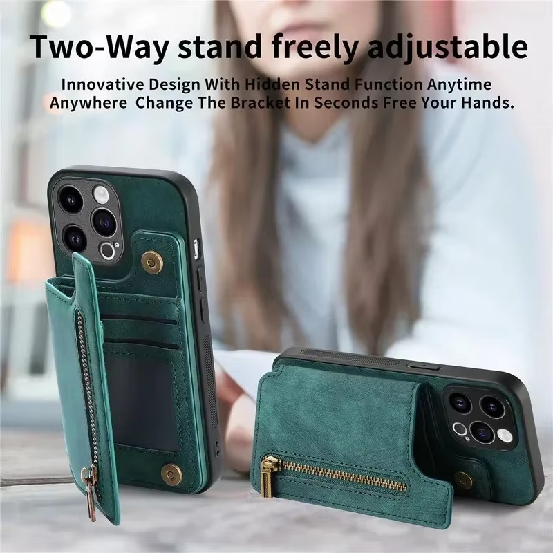 Luxury Leather Wallet iPhone Case — Zipper Card Slot, Magnetic Double Buckle, Anti-Fingerprint, Anti-Scratch, Non-Slip Full Protection Cover