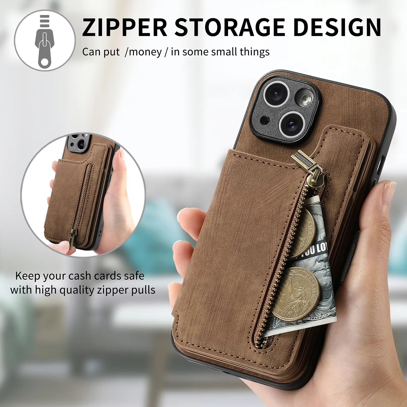 Luxury Leather Wallet iPhone Case — Zipper Card Slot, Magnetic Double Buckle, Anti-Fingerprint, Anti-Scratch, Non-Slip Full Protection Cover