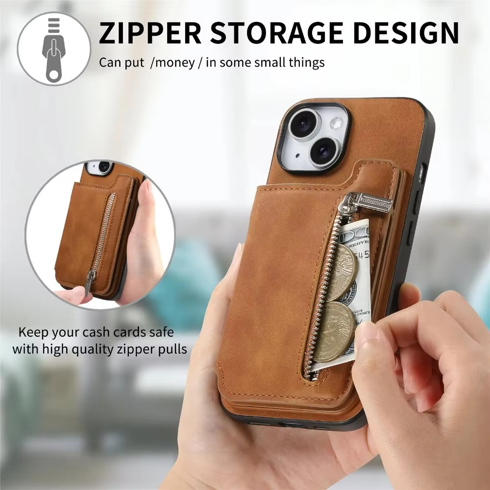 Luxury Leather Wallet iPhone Case — Zipper Card Slot, Magnetic Double Buckle, Anti-Fingerprint, Anti-Scratch, Non-Slip Full Protection Cover