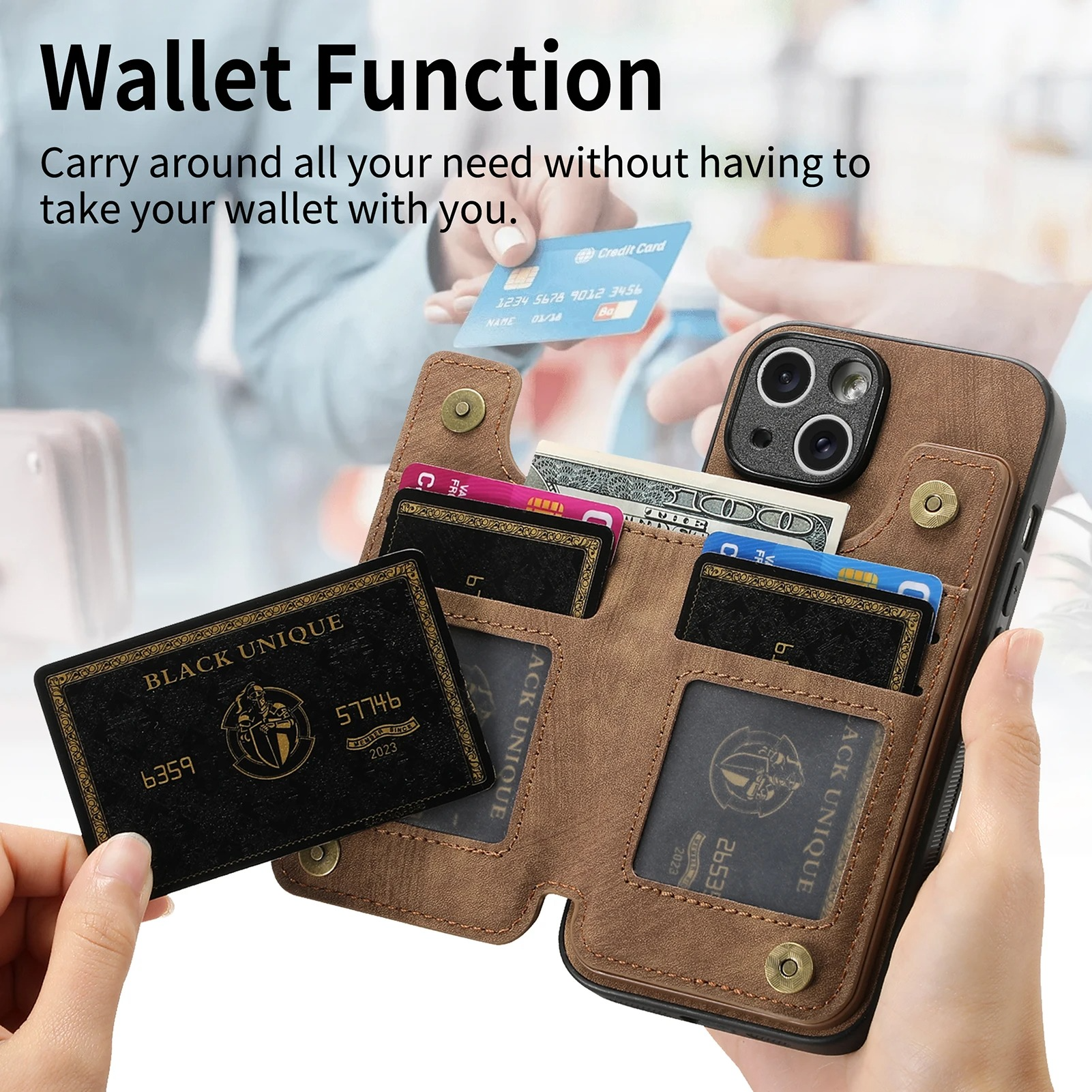 Luxury Leather Wallet iPhone Case — Zipper Card Slot, Magnetic Double Buckle, Anti-Fingerprint, Anti-Scratch, Non-Slip Full Protection Cover