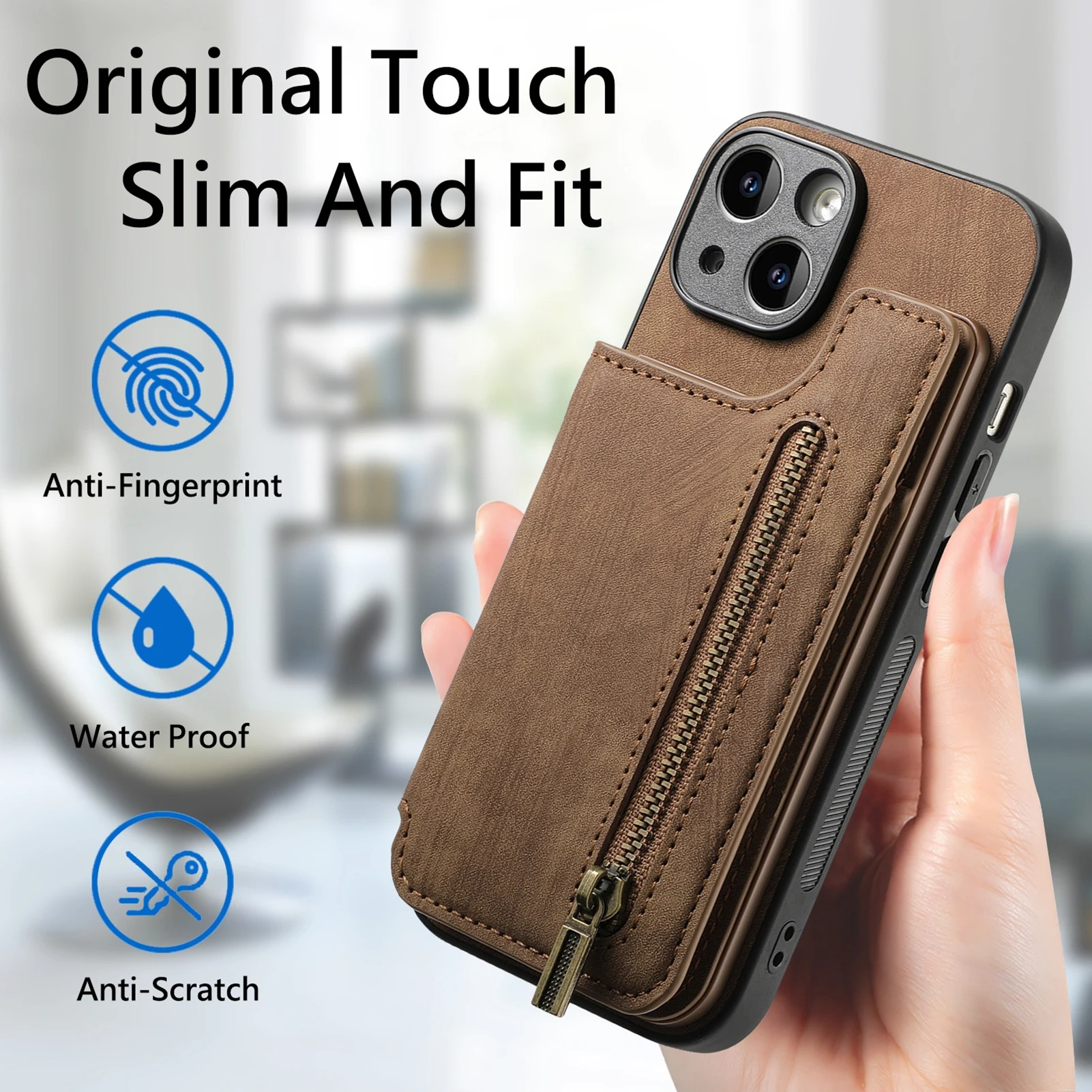 Luxury Leather Wallet iPhone Case — Zipper Card Slot, Magnetic Double Buckle, Anti-Fingerprint, Anti-Scratch, Non-Slip Full Protection Cover