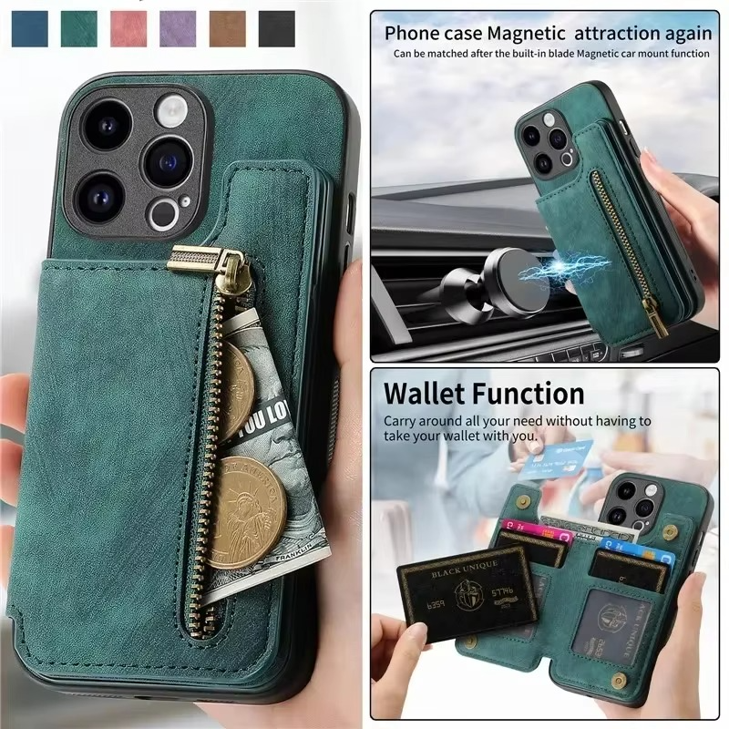 Luxury Leather Wallet iPhone Case — Zipper Card Slot, Magnetic Double Buckle, Anti-Fingerprint, Anti-Scratch, Non-Slip Full Protection Cover