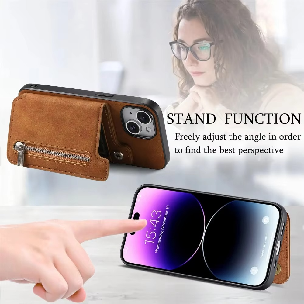 Luxury Leather Wallet iPhone Case — Zipper Card Slot, Magnetic Double Buckle, Anti-Fingerprint, Anti-Scratch, Non-Slip Full Protection Cover