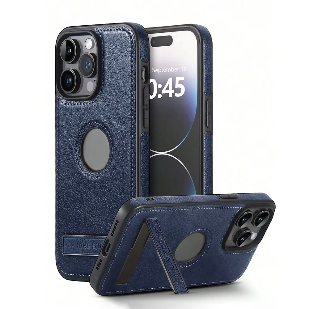 Luxury Leather iPhone Case — Kickstand Half-Wrapped Shockproof Cover, Anti-Scratch, Plain Design, Full Protection, Premium PU Leather