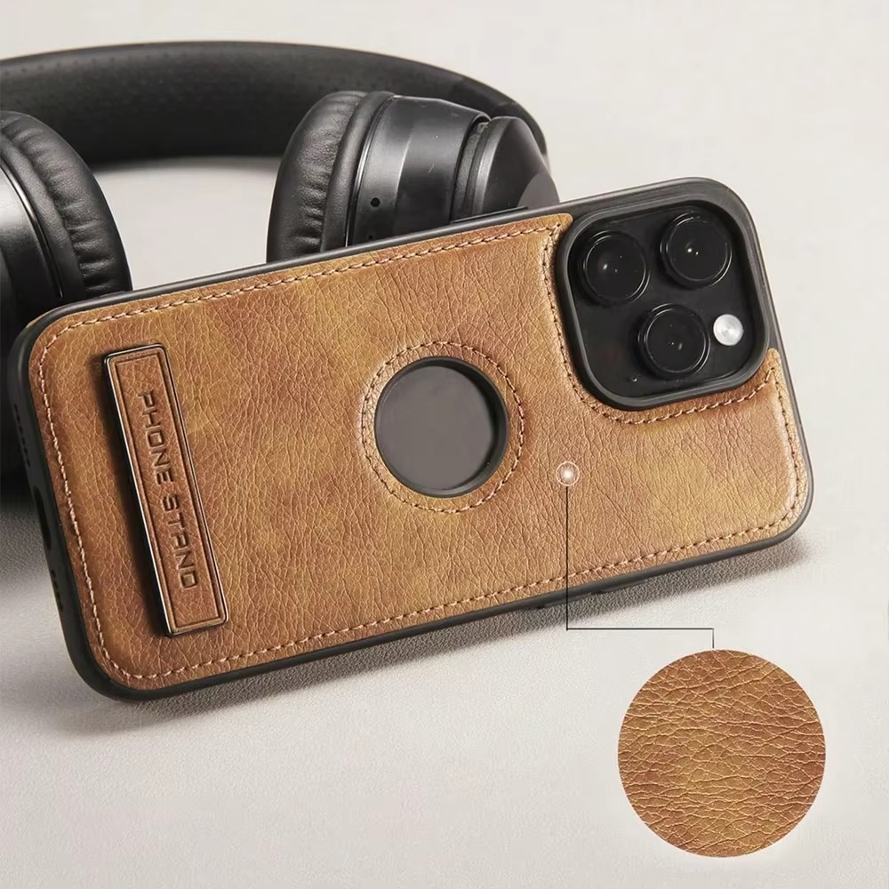 Luxury Leather iPhone Case — Kickstand Half-Wrapped Shockproof Cover, Anti-Scratch, Plain Design, Full Protection, Premium PU Leather