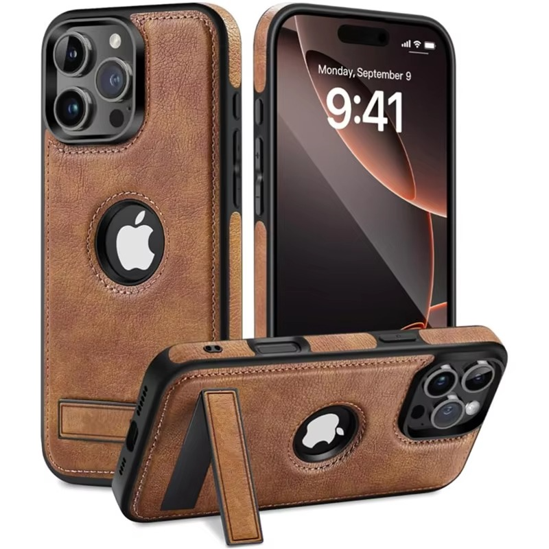 Luxury Leather iPhone Case — Kickstand Half-Wrapped Shockproof Cover, Anti-Scratch, Plain Design, Full Protection, Premium PU Leather