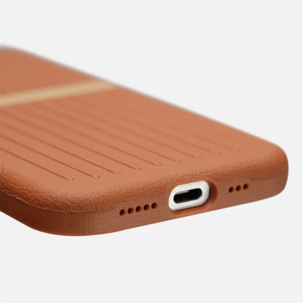 Luxury MagSafe Leather iPhone Case — 3D Stripe Shockproof Full Coverage with Alloy Lens Protection, Anti-Fingerprint Matte Texture Design