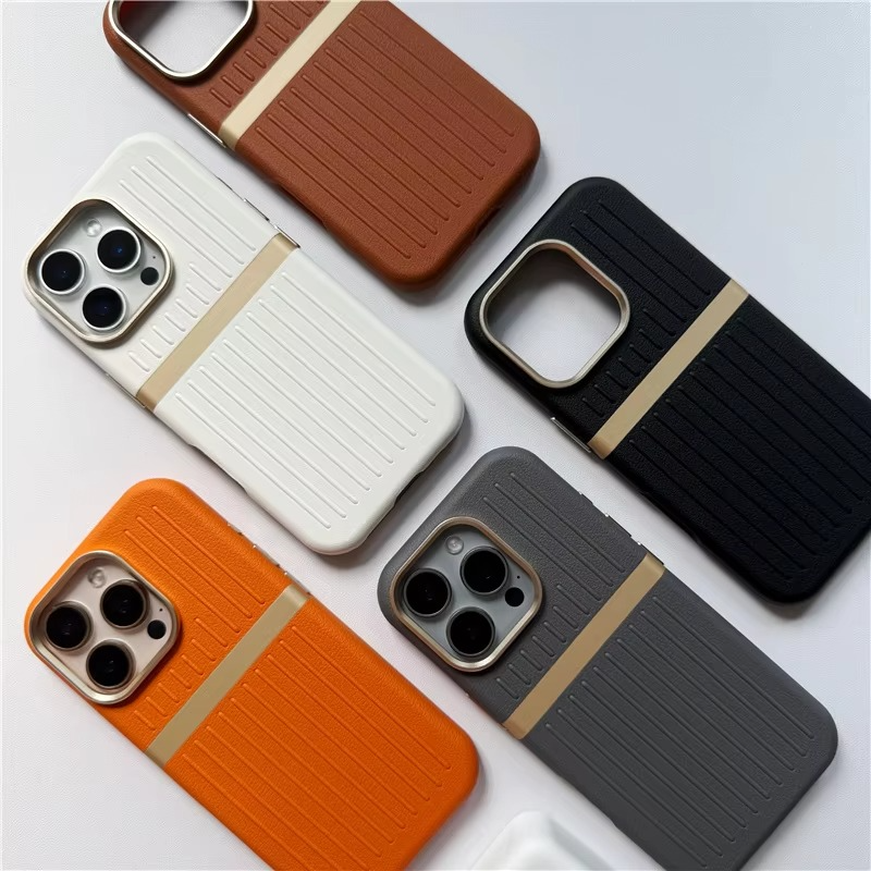 Luxury MagSafe Leather iPhone Case — 3D Stripe Shockproof Full Coverage with Alloy Lens Protection, Anti-Fingerprint Matte Texture Design