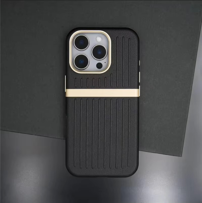 Luxury MagSafe Leather iPhone Case — 3D Stripe Shockproof Full Coverage with Alloy Lens Protection, Anti-Fingerprint Matte Texture Design