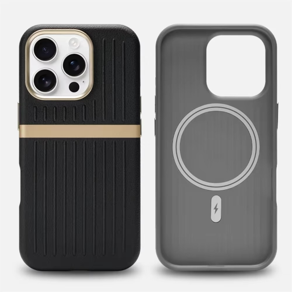 Luxury MagSafe Leather iPhone Case — 3D Stripe Shockproof Full Coverage with Alloy Lens Protection, Anti-Fingerprint Matte Texture Design