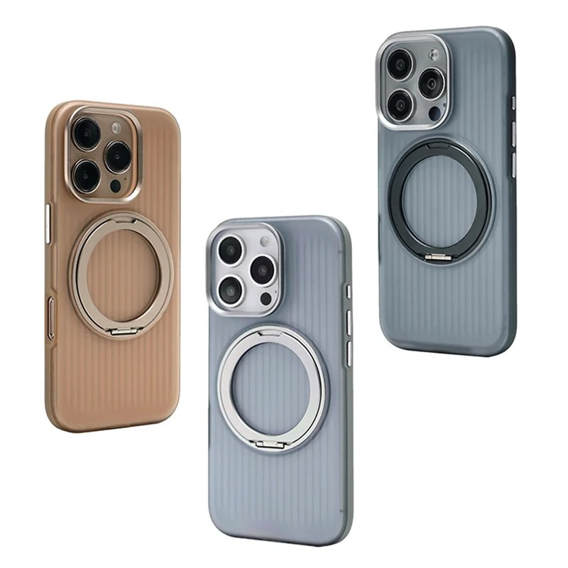 Luxury MagSafe Shockproof iPhone Case — Matte Anti-Fingerprint Plastic Cover with Corrugated Grip Stripes, 360° Rotating Metal Ring Holder, Wireless Charging Compatible