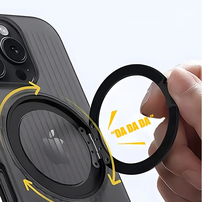 Luxury MagSafe Shockproof iPhone Case — Matte Anti-Fingerprint Plastic Cover with Corrugated Grip Stripes, 360° Rotating Metal Ring Holder, Wireless Charging Compatible