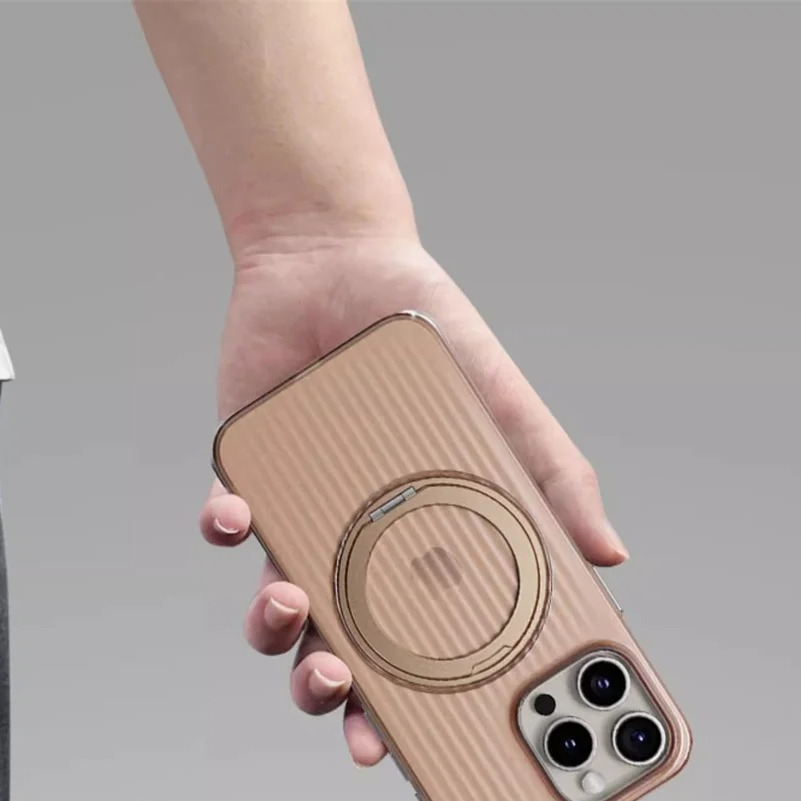 Luxury MagSafe Shockproof iPhone Case — Matte Anti-Fingerprint Plastic Cover with Corrugated Grip Stripes, 360° Rotating Metal Ring Holder, Wireless Charging Compatible