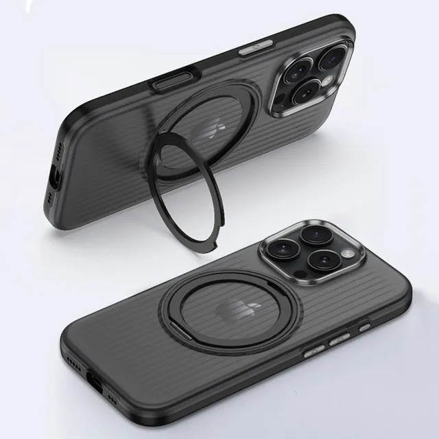 Luxury MagSafe Shockproof iPhone Case — Matte Anti-Fingerprint Plastic Cover with Corrugated Grip Stripes, 360° Rotating Metal Ring Holder, Wireless Charging Compatible