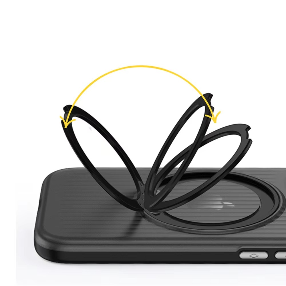 Luxury MagSafe Shockproof iPhone Case — Matte Anti-Fingerprint Plastic Cover with Corrugated Grip Stripes, 360° Rotating Metal Ring Holder, Wireless Charging Compatible