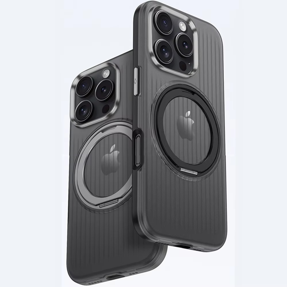 Luxury MagSafe Shockproof iPhone Case — Matte Anti-Fingerprint Plastic Cover with Corrugated Grip Stripes, 360° Rotating Metal Ring Holder, Wireless Charging Compatible