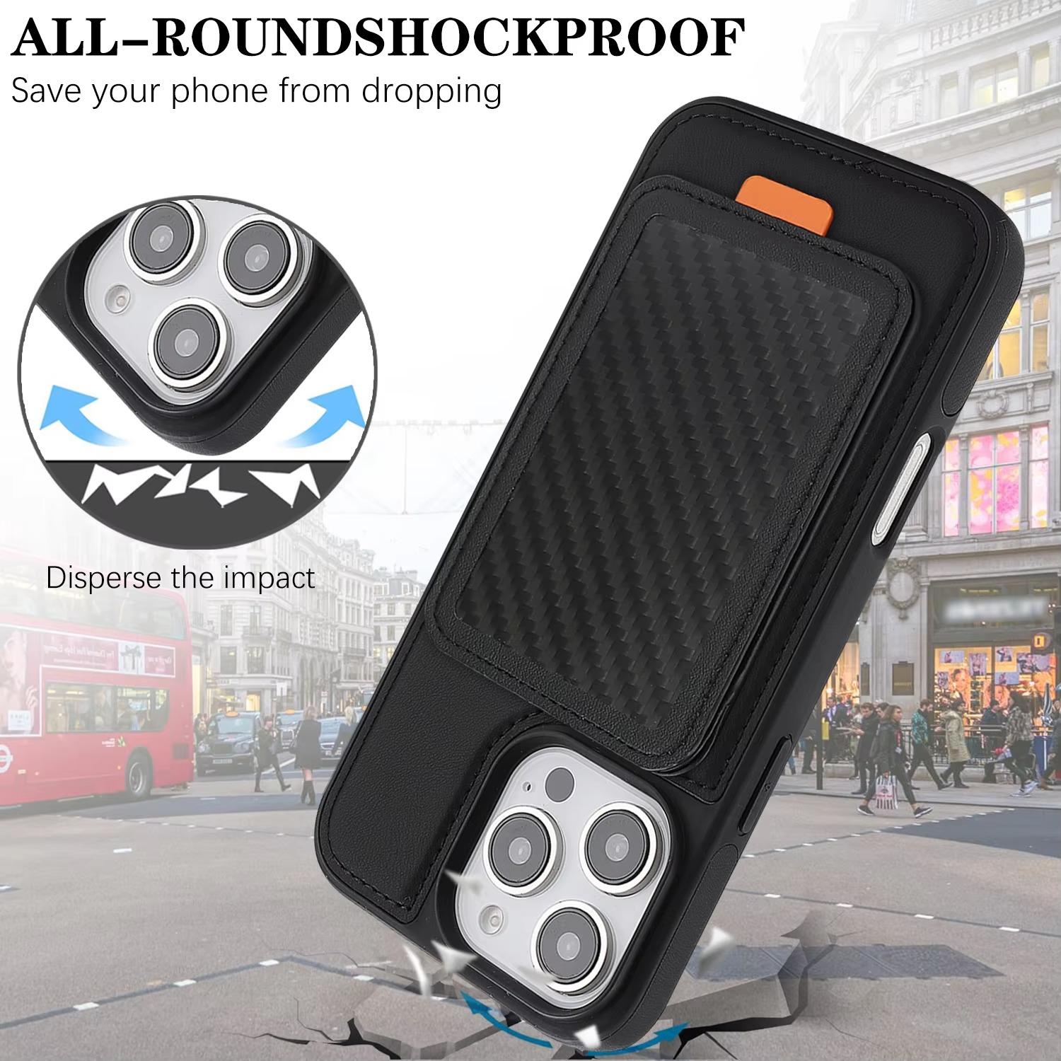 Luxury MagSafe iPhone Case Magnetic Shockproof RFID-Blocking Wallet with Card Holder, Carbon Fiber Texture, Rotating Bracket, Wireless Charging Compatible