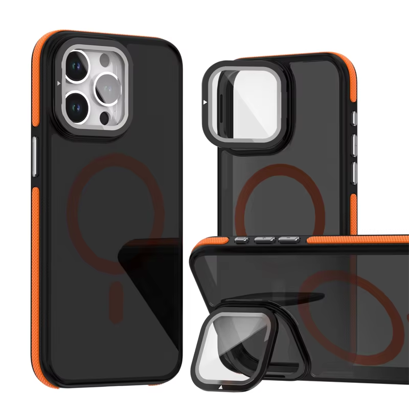 Luxury iPhone Case — MagSafe Matte Clear Magnetic TPU+PC Cover with Glass Lens Camera Protection and Built-In Stand