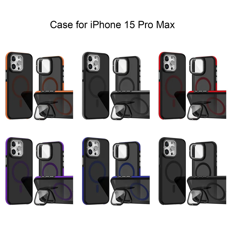 Luxury iPhone Case — MagSafe Matte Clear Magnetic TPU+PC Cover with Glass Lens Camera Protection and Built-In Stand