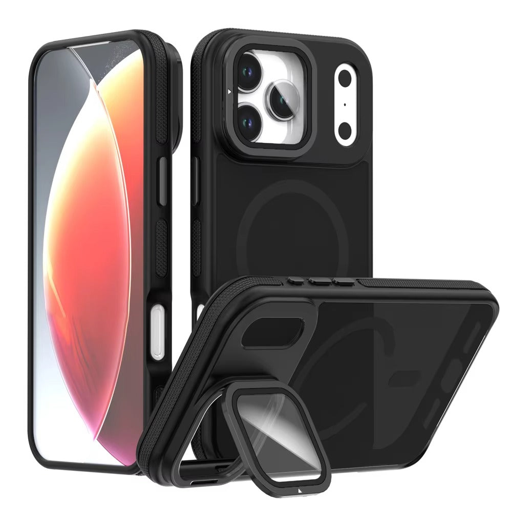 Luxury iPhone Case — MagSafe Matte Clear Magnetic TPU+PC Cover with Glass Lens Camera Protection and Built-In Stand