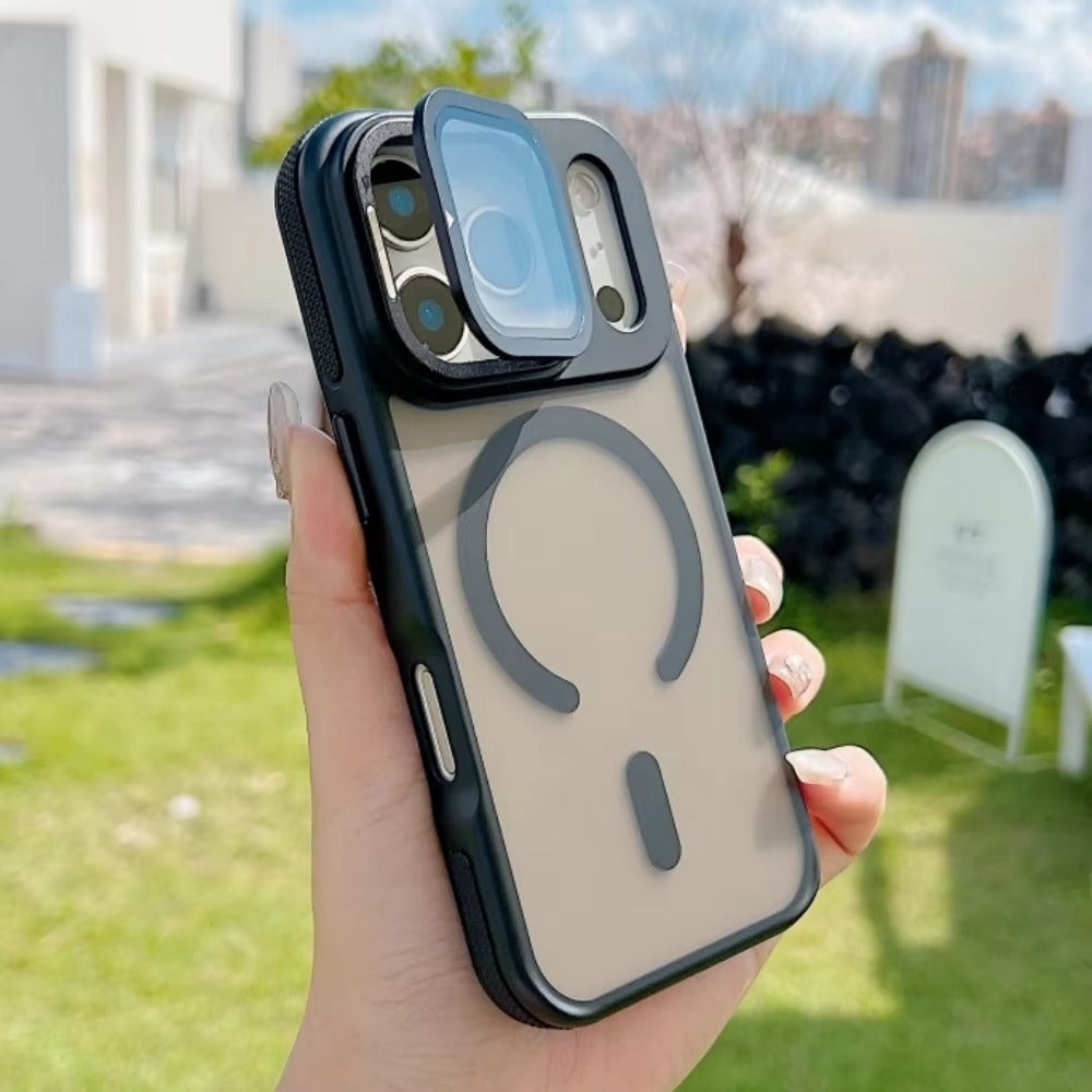 Luxury iPhone Case — MagSafe Matte Clear Magnetic TPU+PC Cover with Glass Lens Camera Protection and Built-In Stand