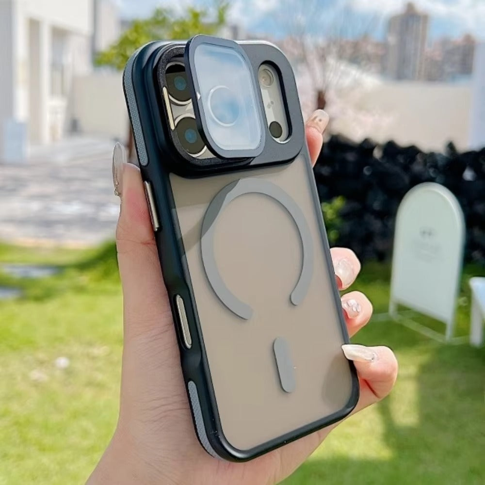 Luxury iPhone Case — MagSafe Matte Clear Magnetic TPU+PC Cover with Glass Lens Camera Protection and Built-In Stand