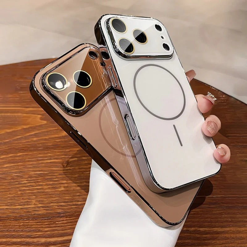 Luxury iPhone Case — MagSafe Shockproof Hard PC Cover with Tempered-Glass Camera Protection and Anti-Fingerprint Color-Collision Design