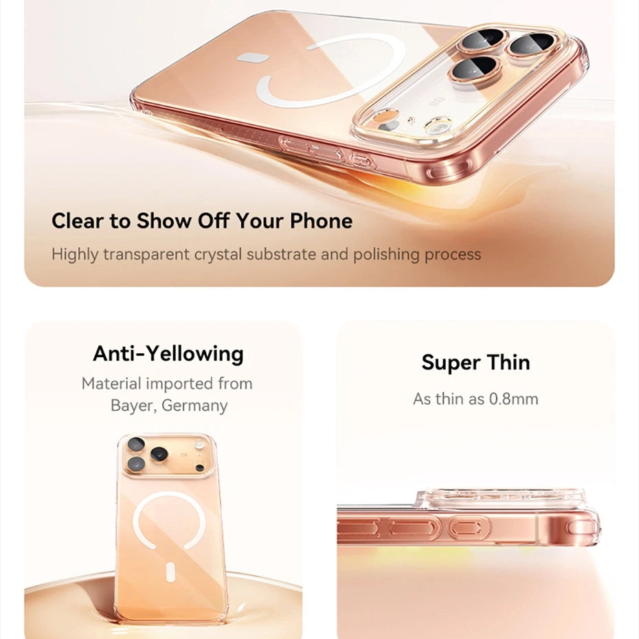 Luxury Magnetic Magsafe iPhone Case — Clear PC & TPU Wireless Charging Cover, Shockproof, Anti-Fingerprint, Half-Wrapped Protection