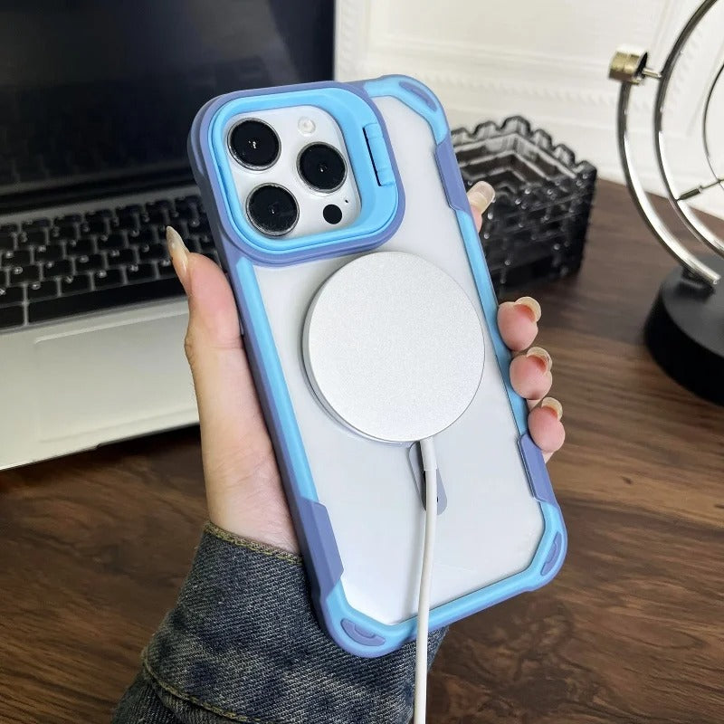 Luxury iPhone Case — Magnetic Shockproof Armor Bumper with Foldable Lens Stand Protection, Matte Anti-Fingerprint Finish, Secure Grip and Wireless-Charging Compatible Design