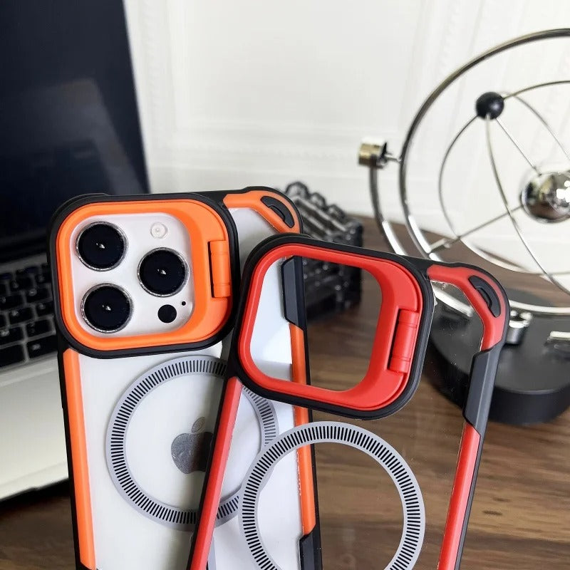 Luxury iPhone Case — Magnetic Shockproof Armor Bumper with Foldable Lens Stand Protection, Matte Anti-Fingerprint Finish, Secure Grip and Wireless-Charging Compatible Design