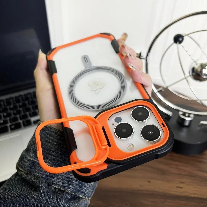 Luxury iPhone Case — Magnetic Shockproof Armor Bumper with Foldable Lens Stand Protection, Matte Anti-Fingerprint Finish, Secure Grip and Wireless-Charging Compatible Design