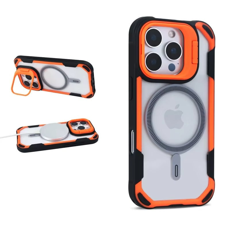 Luxury iPhone Case — Magnetic Shockproof Armor Bumper with Foldable Lens Stand Protection, Matte Anti-Fingerprint Finish, Secure Grip and Wireless-Charging Compatible Design