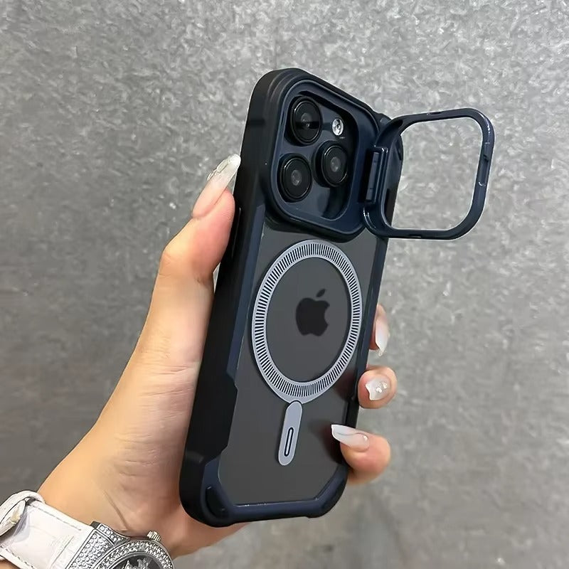 Luxury iPhone Case — Magnetic Shockproof Armor Bumper with Foldable Lens Stand Protection, Matte Anti-Fingerprint Finish, Secure Grip and Wireless-Charging Compatible Design