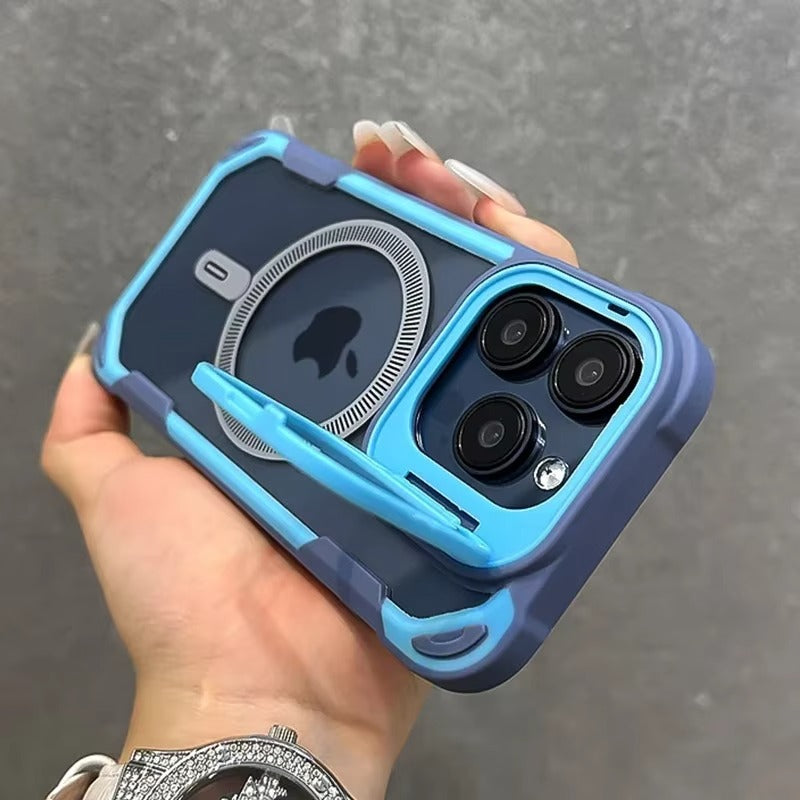 Luxury iPhone Case — Magnetic Shockproof Armor Bumper with Foldable Lens Stand Protection, Matte Anti-Fingerprint Finish, Secure Grip and Wireless-Charging Compatible Design