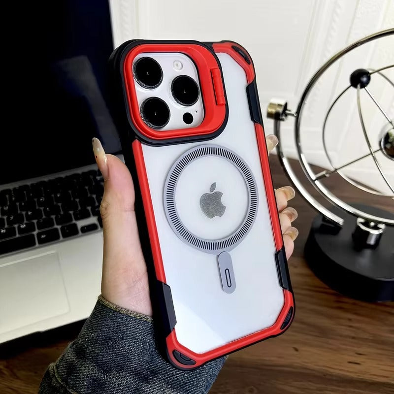 Luxury iPhone Case — Magnetic Shockproof Armor Bumper with Foldable Lens Stand Protection, Matte Anti-Fingerprint Finish, Secure Grip and Wireless-Charging Compatible Design