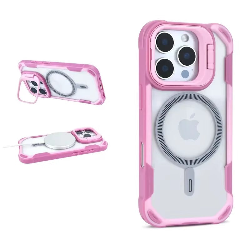 Luxury iPhone Case — Magnetic Shockproof Armor Bumper with Foldable Lens Stand Protection, Matte Anti-Fingerprint Finish, Secure Grip and Wireless-Charging Compatible Design