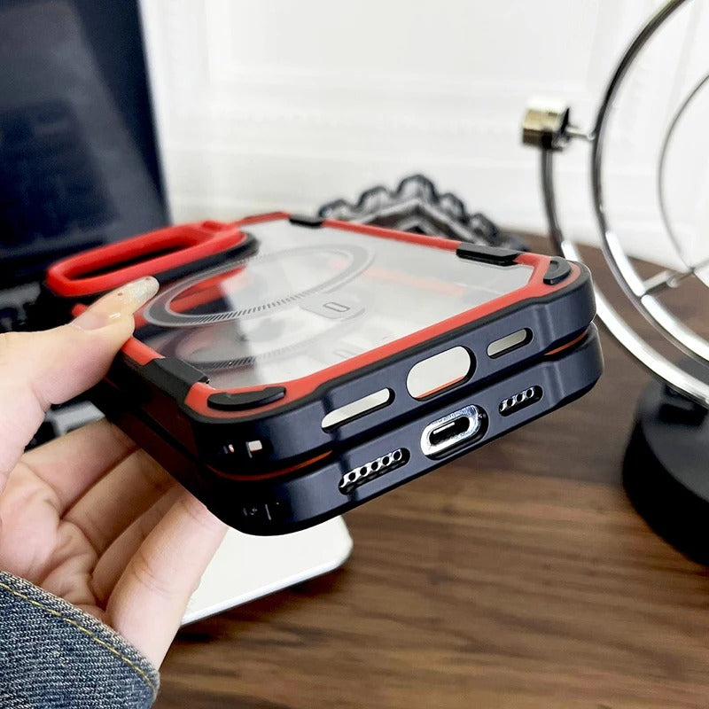 Luxury iPhone Case — Magnetic Shockproof Armor Bumper with Foldable Lens Stand Protection, Matte Anti-Fingerprint Finish, Secure Grip and Wireless-Charging Compatible Design