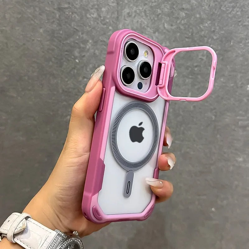 Luxury iPhone Case — Magnetic Shockproof Armor Bumper with Foldable Lens Stand Protection, Matte Anti-Fingerprint Finish, Secure Grip and Wireless-Charging Compatible Design